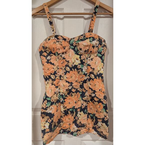Floral Mini Dress Peach Orange Black Corset Sleeveless‎ Party Club Summer Cute - Picture 2 of 7